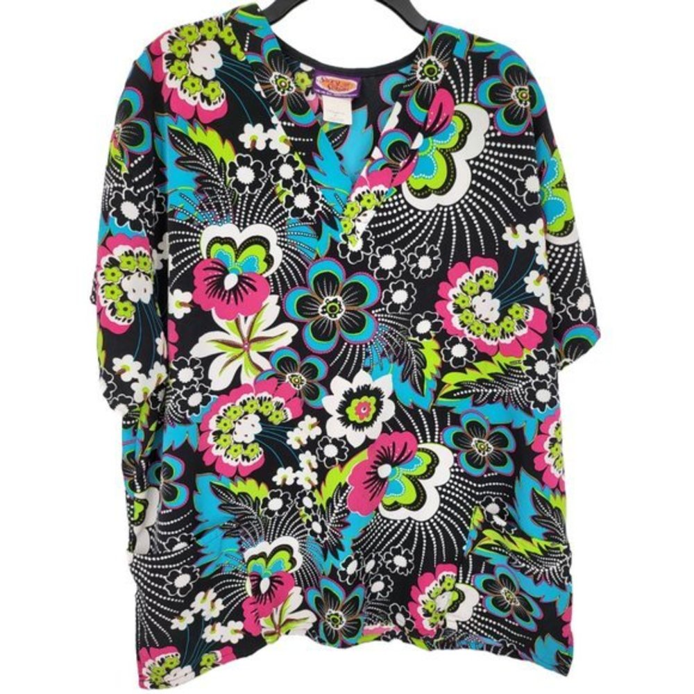 Vintage 90s Scrub Top XL‎ Bright Black Floral Print Polyester Pockets Silky